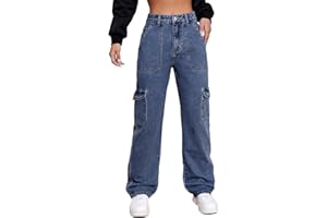 Metietila Women's High Rise Cargo Jean Stretch Straight Wide Leg Jeans Denim Pants for Women