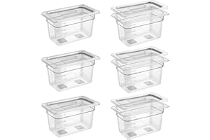 QMEEKI 6 Pack 1/4 Size 6'' Deep Clear Food Pans with Lids, Commercial Food Pans Polycarbonate Transparent Food Storage Containers, Stackable Plastic Pan with Capacity Scale, Restaurant Supplies Hotel Pan
