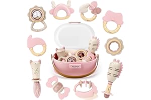 Baby Rattles - Baby Toys 0-6 Months, Teething Toys 3-6 Months, Infant Toys 6-12 Months, 10PCS Pink Sensory Rattles & Teethers