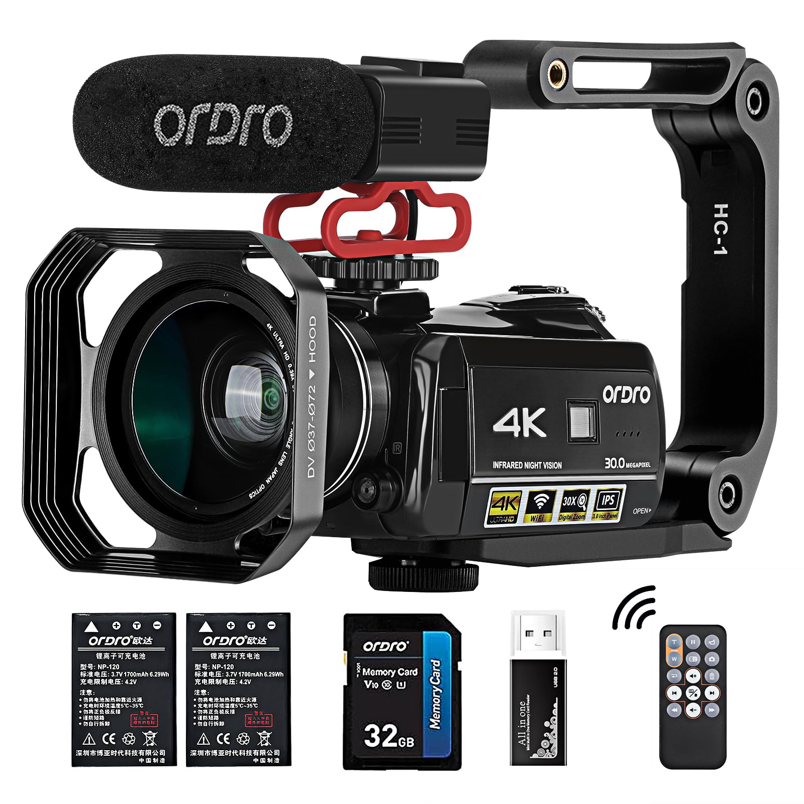 ORDRO AC3 4K Camcorder Vlogging Camera for YouTube HD Video Camera 1080P 60FPS IR Night Vision Wi-Fi Camera Recorder Digital Camcorders with Microphone Wide Angle Lens Handheld Stabilizer