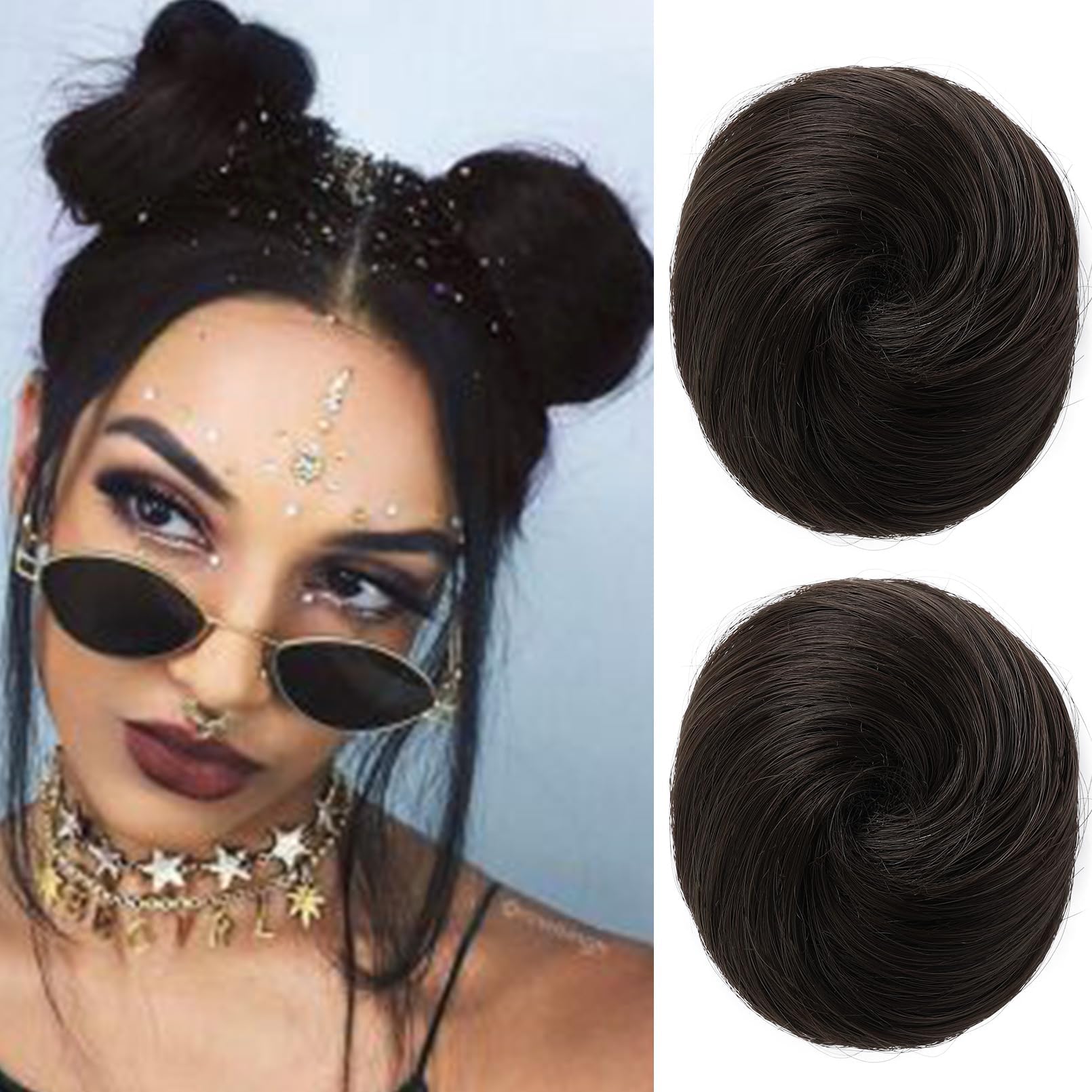 REECHO Space Bun Hair Pieces, 2 PCS Mini Claw Clip in Messy & Cat Ears Fake Hair Bun Extensions Wig Accessory Updo Hairpieces for Women Girls (Pack of 2-3" Straight, Black Brown)