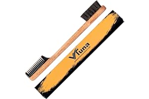 Vtuna 2-in-1 Beard Comb & Brush - Mustache & Beard Comb for Men. Handcrafted from Solid Wood, Buffalo Horn, and Cow Tail Hair. Comes in a Box, Perfect for Gifting.