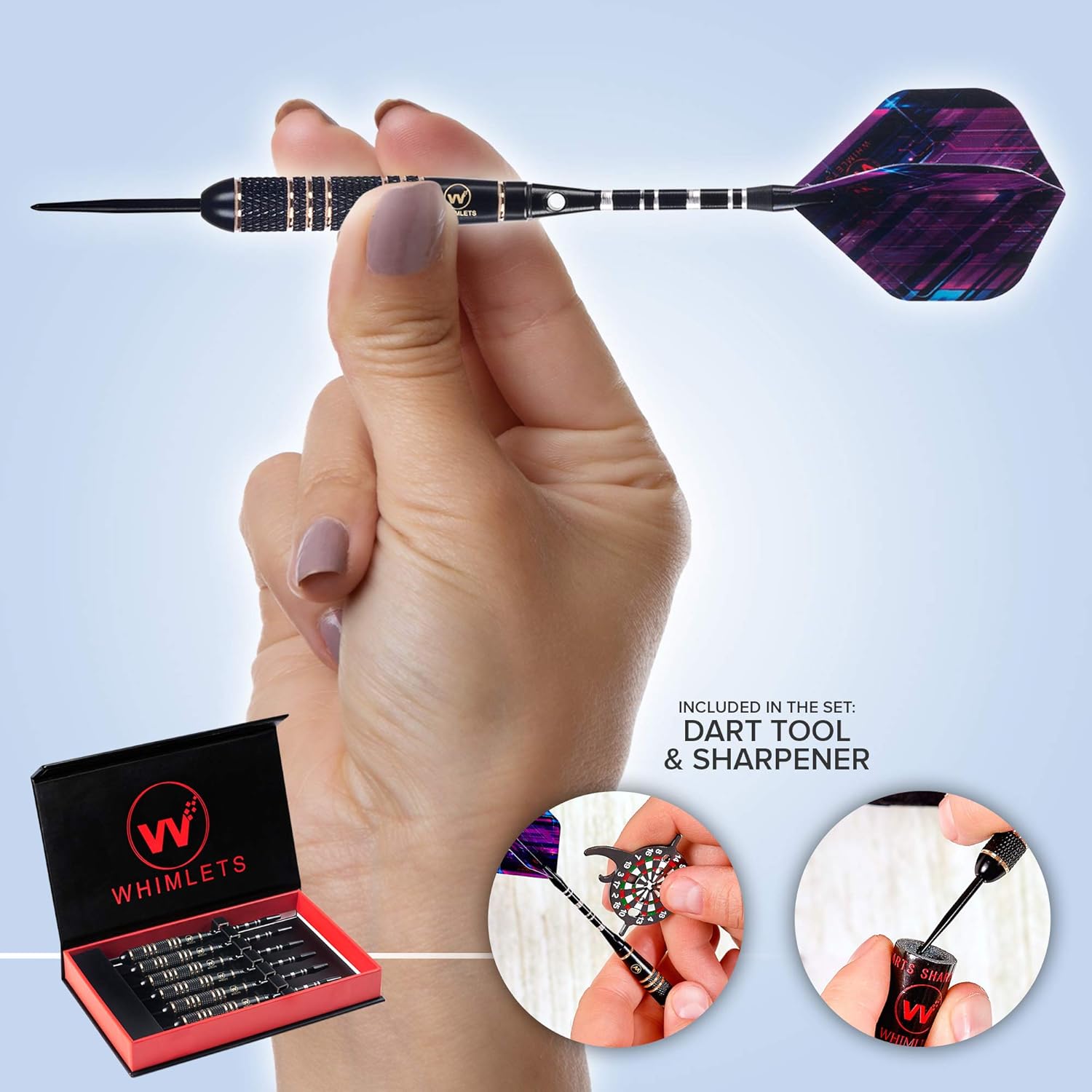 Whimlets Steel Tip Darts Set - Professional Darts Steel Tip for Dartboard with Extra Aluminum Shafts, O-Rings, Flights + Dart Tool and Sharpener + Gift Case + Darts Guide : Sports & Outdoors