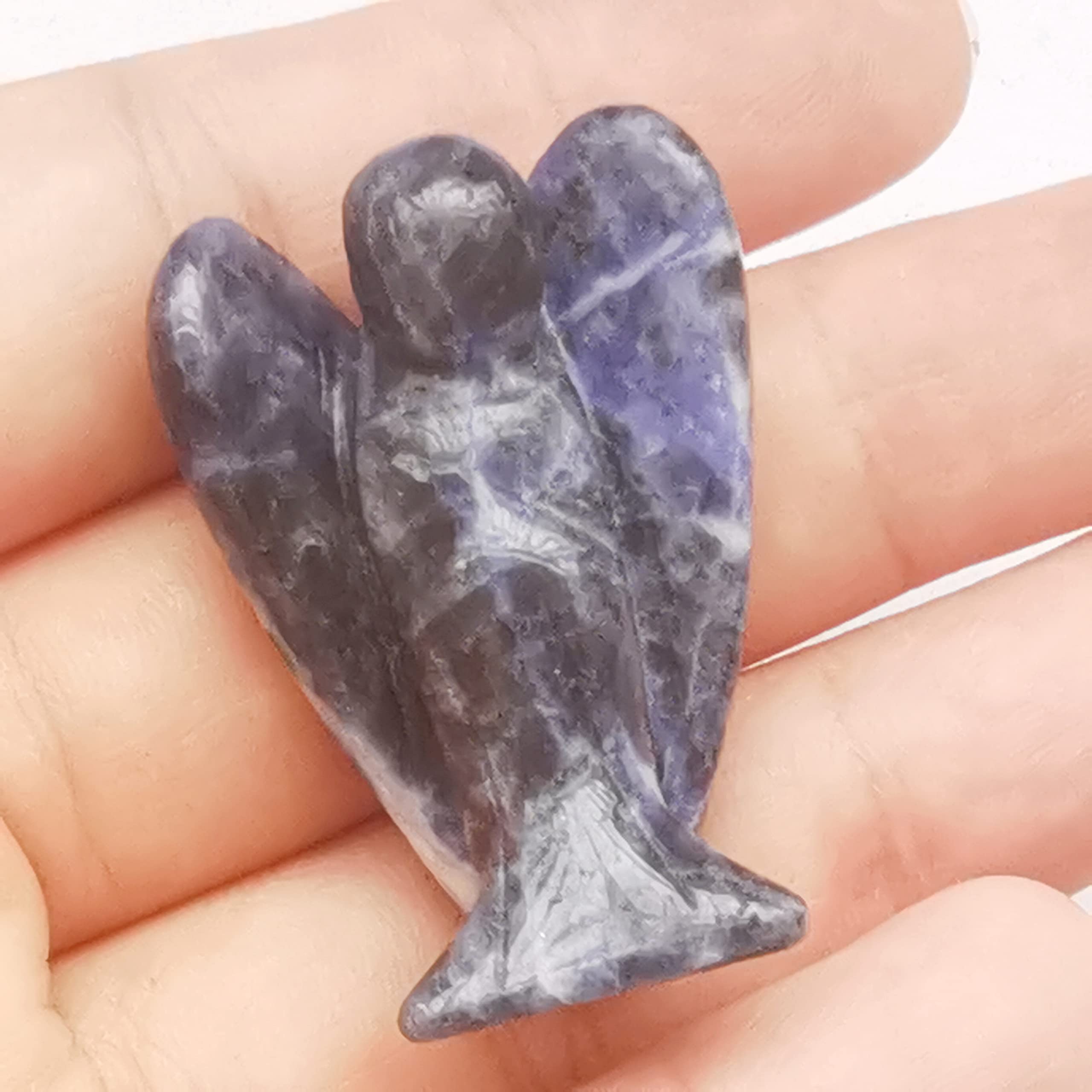 Manekieko Natural Sodalite Healing Crystal Prayer Guardian Angel Statue,38mm Carving Pocket Palm Stone Figurines Decoration