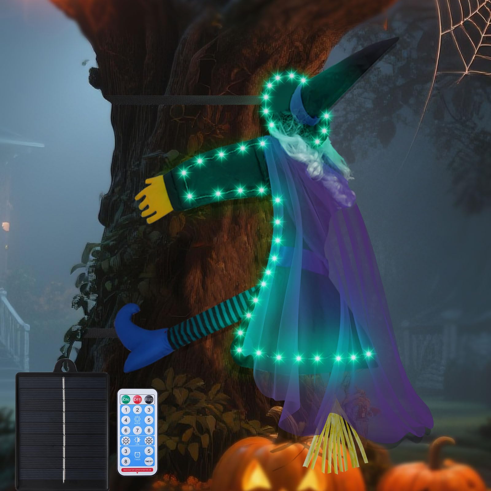 Photo 1 of ILLUMINEW Solar Witch Halloween Decorations, Large Crashing Witch into Tree Outdoor Decor, Solar Halloween Lighted Flying Witch for Tree, Yard, Patio, Porch Outdoor Decoration