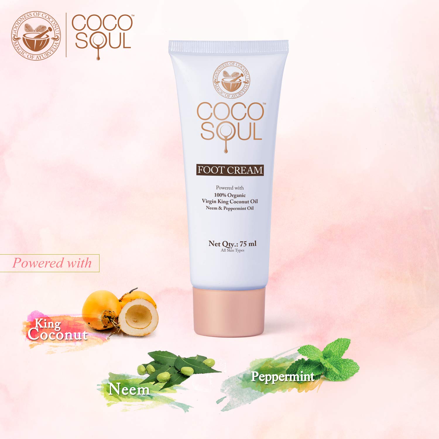 Coco Soul Ayurvedic & Coconut Foot Cream - 2.53 fl.oz. (75ml) - Neem & Peppermint Oil, Virgin King Coconut, Sulphate Free, Petroleum Free, Paraben Free, Silicone Free, Cruelty Free : Beauty