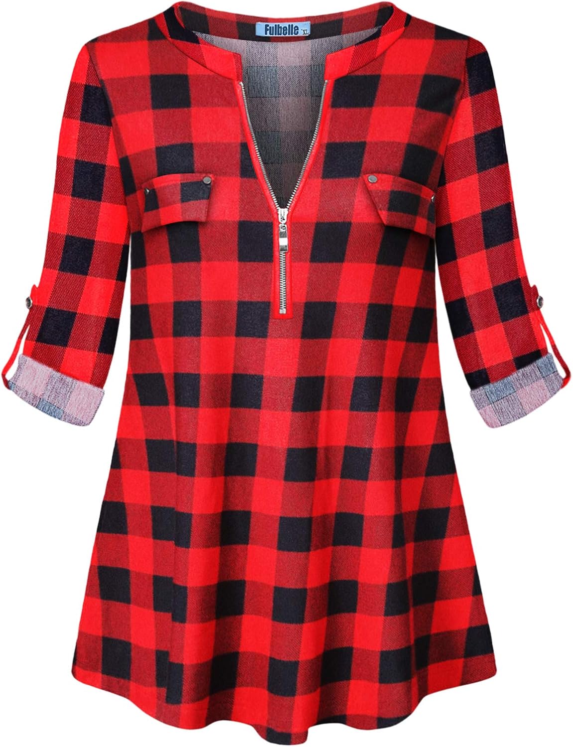 Fulbelle Women's Plus Size 3/4 Rolled Sleeve Zipped Casual Blouse Tops