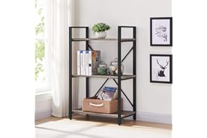 BON AUGURE 3 Tier Bookshelf, Small Rustic Book Shelf, Short Industrial Wood Metal Standing Bookcase Etagere for Office, Bedroom and Living Room (Dark Gray Oak)