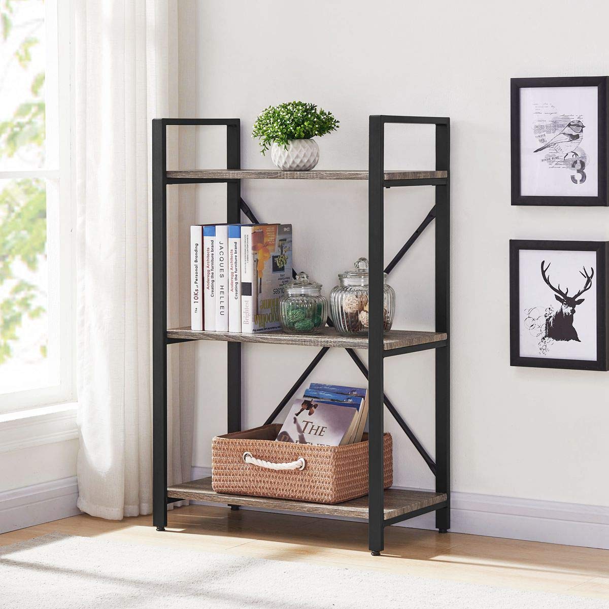 BON AUGURE 3-Shelf Narrow Bookcase, Rustic Storage Display Shelves, Industrial Sturdy Bookshelf, Dark Oak