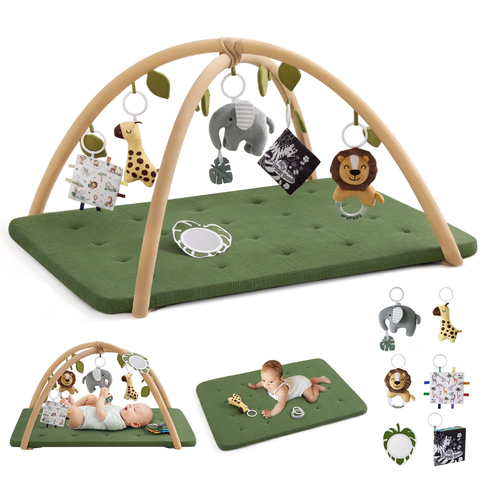 Photo 1 of Blissful Diary Baby Play Gym Mat, Extra Thick Muslin Cotton Tummy Time Mat with 6 Sensory Toys for Newborn Development, Non-Slip Cushioned Foam Padding, Baby Essentials Shower Gift, Forest Green