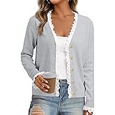 Cicy Bell Womens Lace V Neck Cardigan Sweaters Button Down Long Sleeve Knit Tops Fall Trendy Lightweight Open Front Sweater