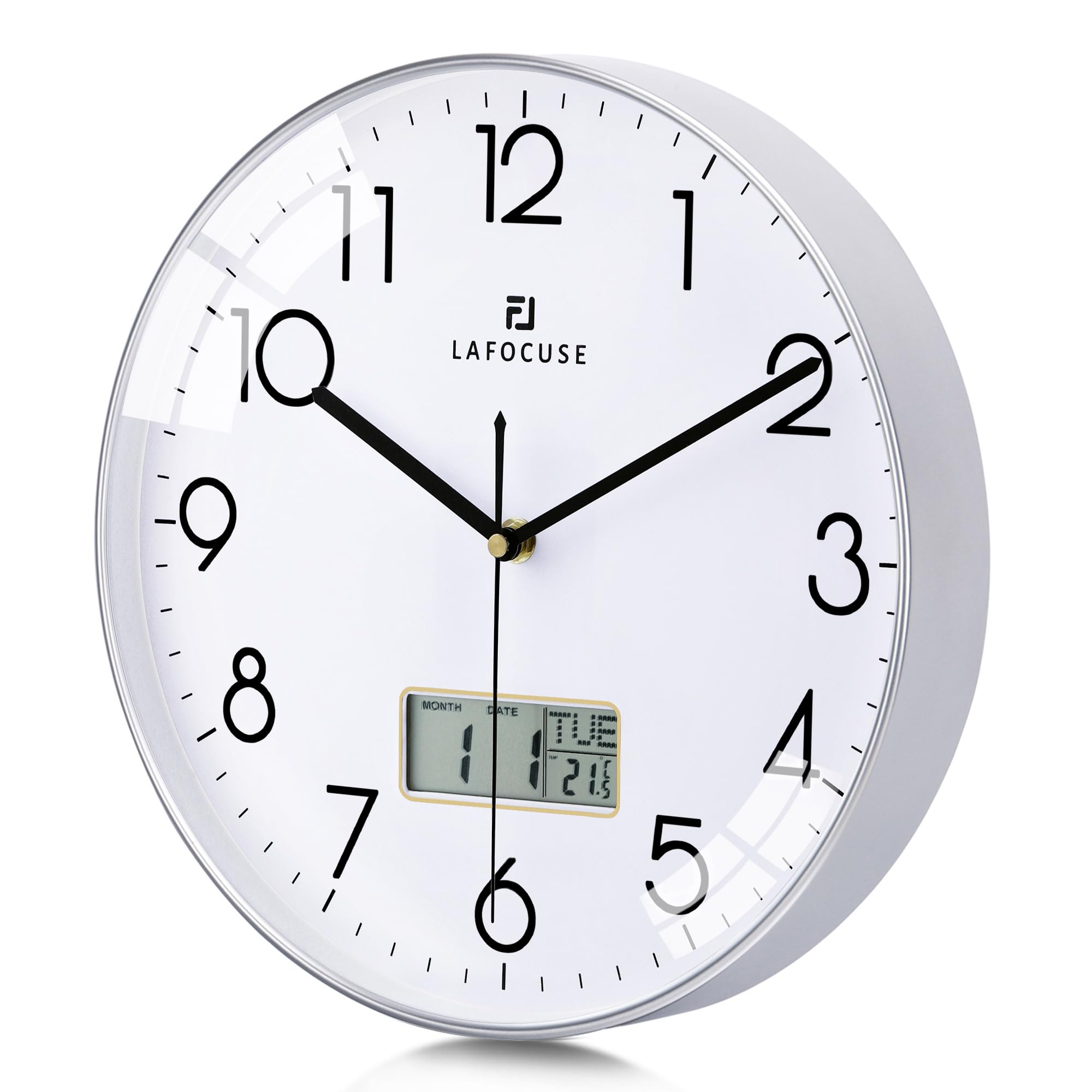 Lafocuse 12 Inch Silent Silver Wall Clock with Date and Day, Temperature, Day of Week, Kitchen Wall Clocks for Living Room Modern, LCD Digital Wall Clock Battery Operated Office Bedroom