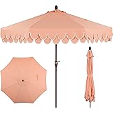 JONATHAN Y UMB1002E Tracy 9 ft. Classic MidCentury Scalloped Fringe Market Patio Umbrella with Auto-Tilt, Crank, Wind Vent and UV Protection in Coral Pink/White