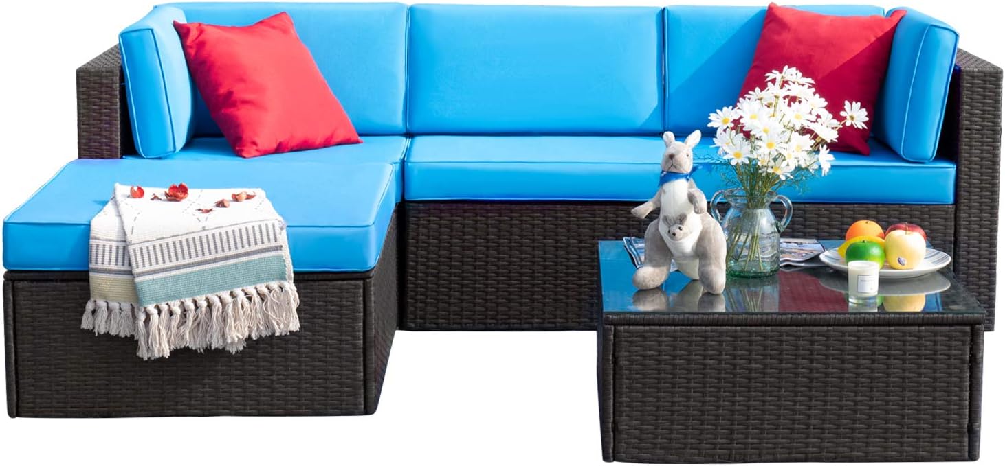 Tuoze 5 Pieces Patio Furniture Sectional Set Outdoor All-Weather PE Rattan Wicker Lawn Conversation Sets Cushioned Garden Sofa Set with Glass Coffee Table (Blue): Garden & Outdoor