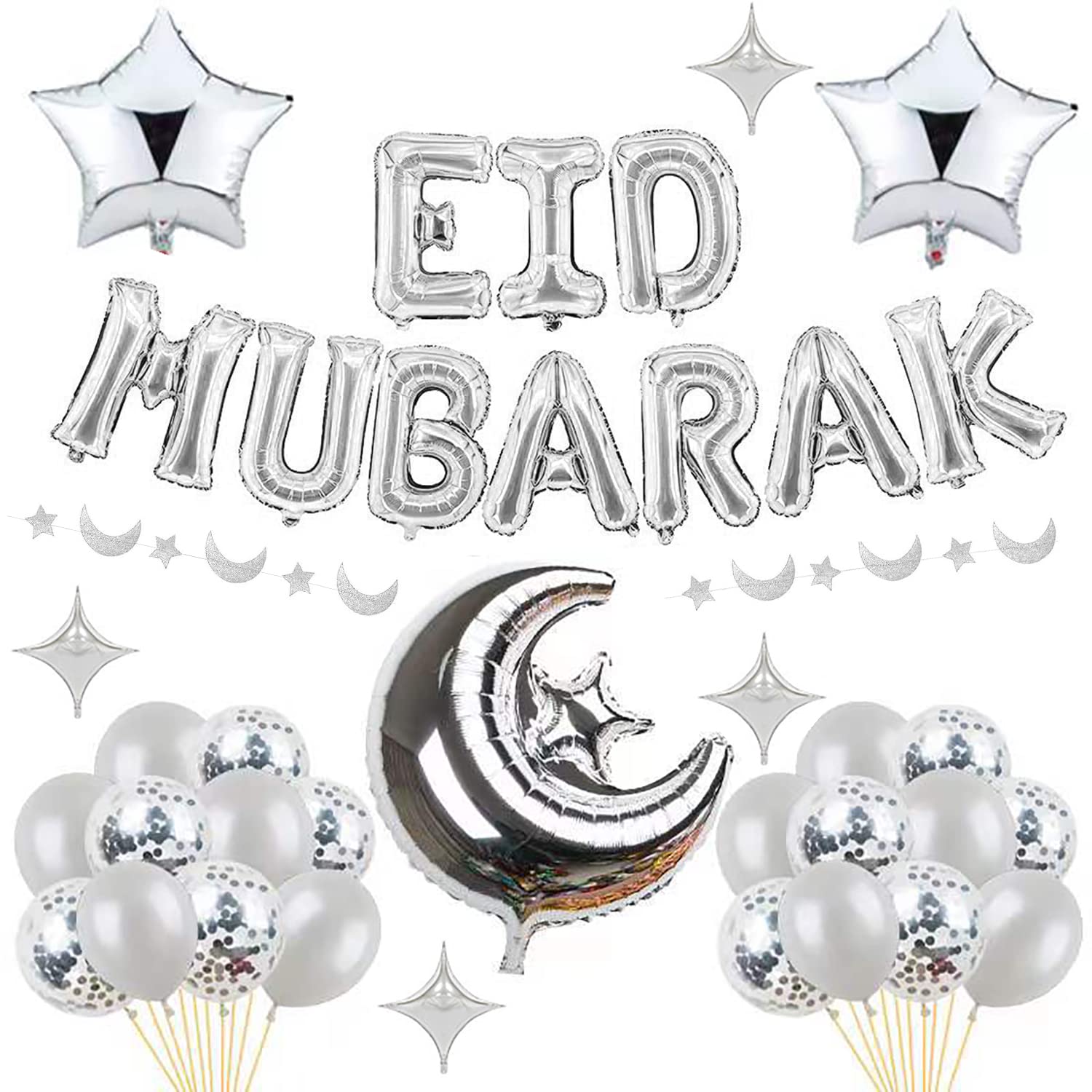 Eid Mubarak Decoration Silver Balloons Muslim Latex Balloons Star Moon Balloon Eid Al-Fitr Balloon Foil Balloon for Eid Mubarak Ramadan Celebration Mubarak Kareem Decoration