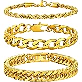 Richsteel 2PCS/3PCS Bracelets Chain for Men Women Stainless Steel Silver/Gold/Black Cuban/Rope Link Chain Bracelets Set, 7.4/8.2/9 Inch Hand Chain Length for Men Women Jewelry