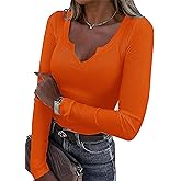 Roselux Women V Neck Ribbed Long Sleeve Shirt Fitted Basic Slim Knit Top