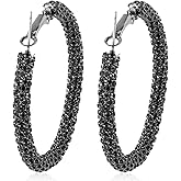 Black Cubic Zirconia Hoop Earrings, Personality Delicate Round Chunky Hoop Rhinestone Earring for Women's Exquisite Fashion Jewelry Accessories