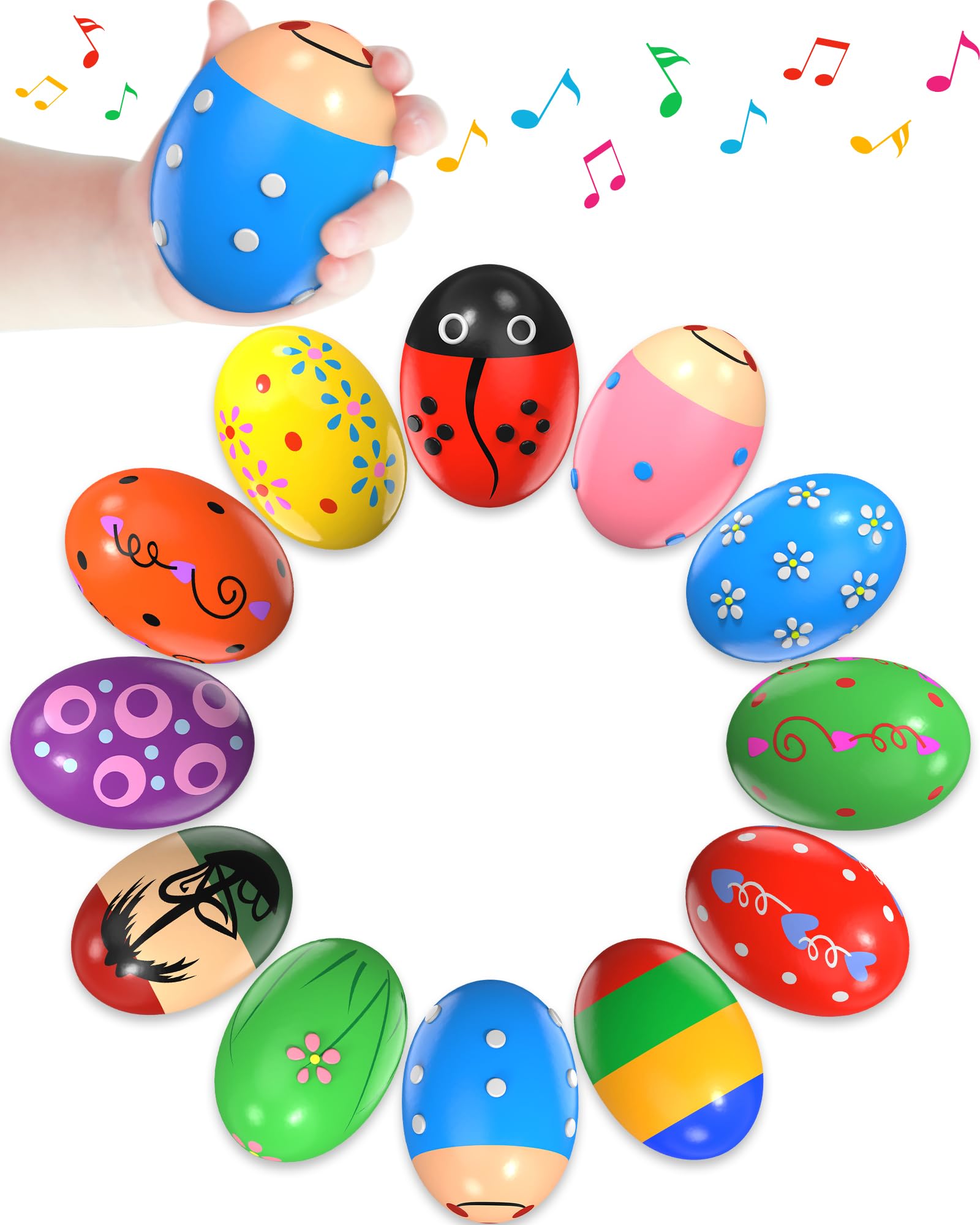 Photo 1 of 12 Pack Wooden Percussion Musical Shaker Prefilled Easter Eggs with Toys Inside Filled, Toddlers Easter Basket Stuffers Egg Fillers Montessori Toys Gifts for Kids Boys Girls Babies
