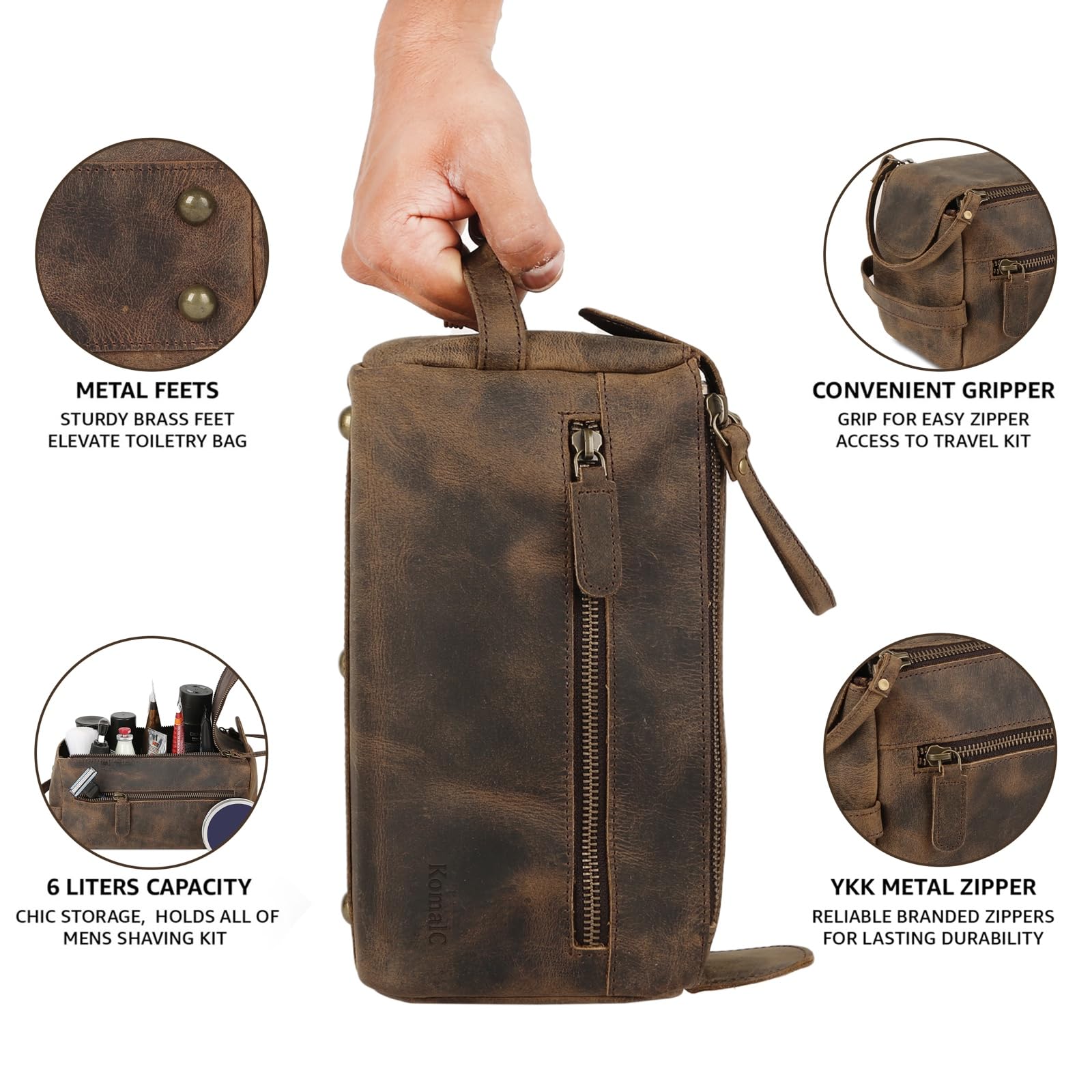 KomalC Premium Buffalo Leather Toiletry Bag for Men & Women – Leather Dopp Kit With Water resistant Lining, Premium Toiletry Travel Pouch, Unisex Wash Bag for Toiletries, Gifts for Men and Women