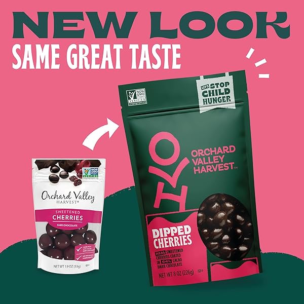 ORCHARD VALLEY HARVEST DARK CHOCOLATE DIPPED CHERRIES, MADE WITH REAL CHERRIES, GLUTEN FREE, NON-GMO, NO ARTIFICIAL COLORS, STAND UP BAG, 8 OZ (PACK OF 1), ON-THE-GO SNACK FOR THE WHOLE FAMILY