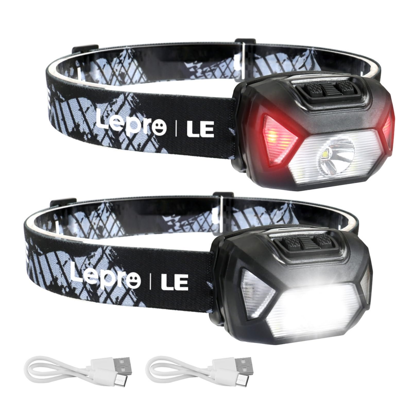 Lepro Stirnlampe LED Wiederaufladbar, 2000 Lux Superhell Kopflampe Stirnlampe mit Rotlicht und 6 Lichtmodi, IPX4 Wasserdicht Stirnleuchte, Ideal für Camping&Joggen, Schwarz, 2 Stück[inkl. USB Kabel]