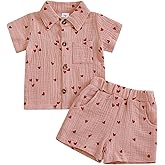 KtwHarnu Toddler Baby Boy Valentines Day Outfit Heart Print Cotton Linen Short Sleeve Button Down Shirt and Shorts Set