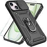 SunStory Compatible with iPhone 15 Plus Case with HD Screen Protector & Slide Camera Cover & Rotated Ring Kickstand, [Military-Grade] Phone Case for iPhone 15 Plus,Black