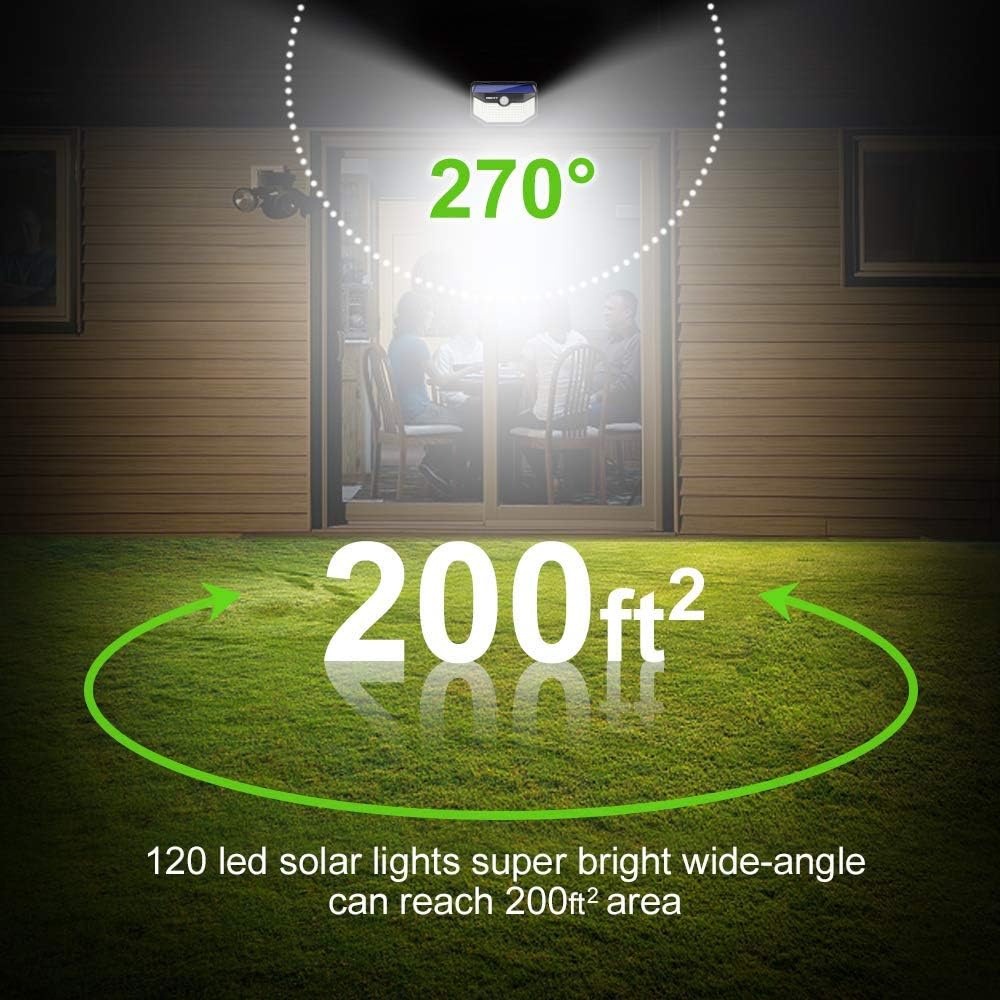 Hmcity Solar Lights Outdoor 120 LED with Lights Reflector, Motion Sensor Security Lights IP65 Waterproof Solar Powered for Garden Patio Yard (2Pack) - - 