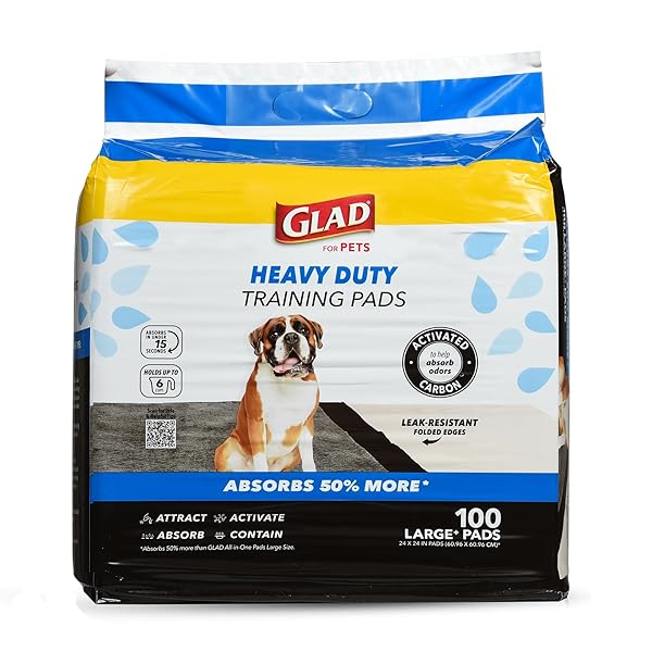 GLAD FOR PETS XL CHARCOAL TRAINING PADS, HEAVY DUTY LEAK-RESISTANT PUPPY PEE PADS WITH ACTIVATED CARBON ODOR CONTROL, QUICK-DRY QUILTED TOP, INDOOR POTTY & CRATE LINER, 24 X 24 IN, 100 COUNT