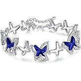 GEMMANCE Butterfly Link Charm Bracelet, Birthstone Crystal, for Women, Silver Tone Jewelry, Anniversary Birthday Gift for Her, Wife &amp; Mom, 7"+2" Chain