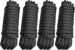 J-FM TWNTHSD Dock Lines - 3/8" x 15' Double Braided Nylon Boat Dock Ropes with 12" Eyelet - Marine-Grade - 4 Pack (Black)