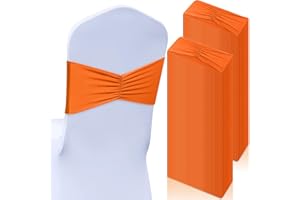 Moukeren 150 Pcs Spandex Chair Sashes Bows Bands Chair Covers Decorations Elastic Ribbon Seat Ties for Wedding Birthday Party Banquet Hotel Events Ceremony(Orange)