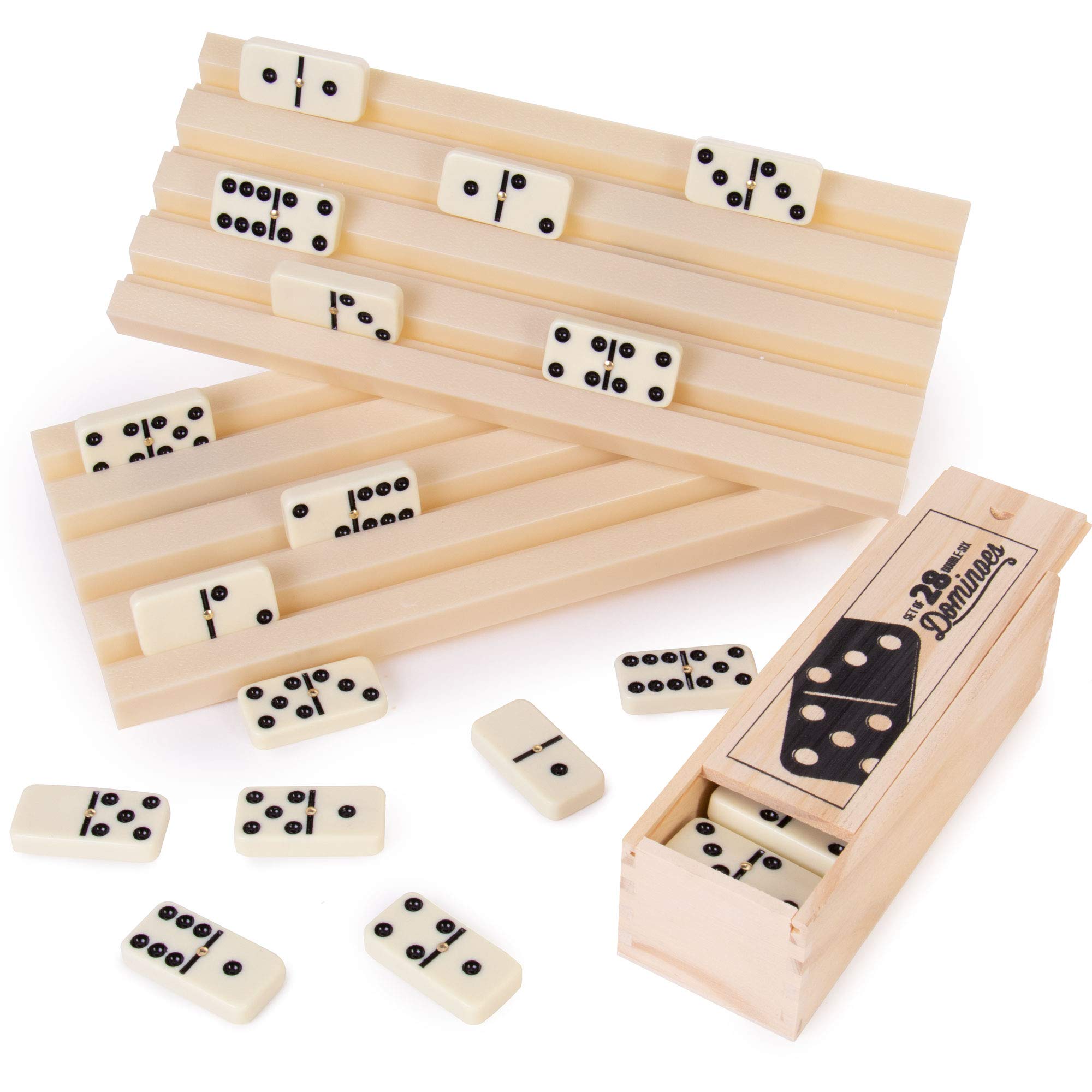 Domino Party Set - 28 Double Six Dominoes, 2 Plastic Trays, & Wooden Storage Box - Retro Game Piece Tile Holder Bundle - Classic Board Games for Kids & Adults - Hobbies, Indoor Activities & Family Fun