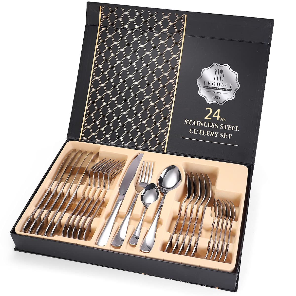 Cutlery Sets?24 Pieces Stainless Steel Flatware Set with Gift Box, Elegant Knife Fork Spoon Set for Home?Multipurpose Use for Home and Kitchen Service for 6