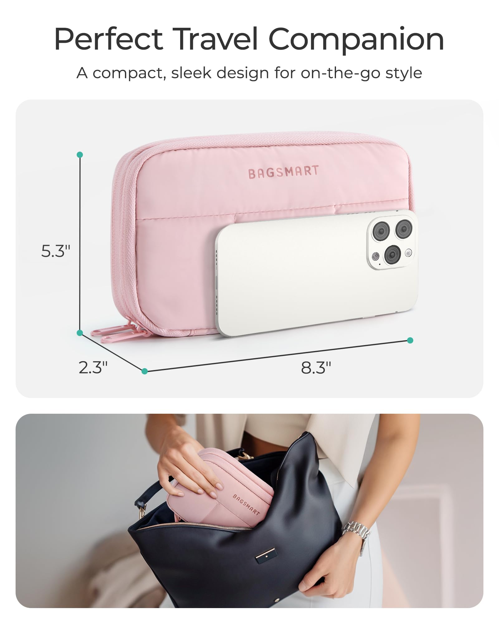 BAGSMART Electronics Organizer Travel Case, Cord Storage for Chargers Cables Phones, Compact Tech Accessories Pouch, Pink