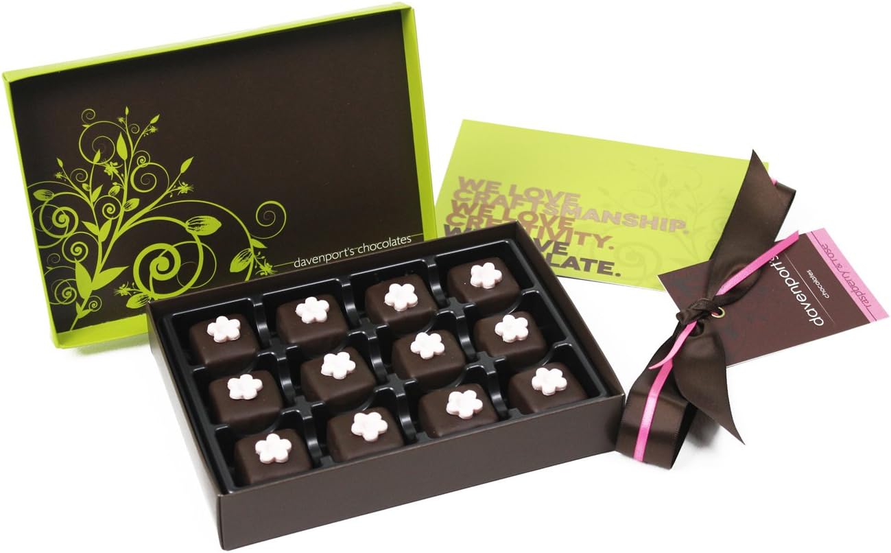 Luxury Chocolates Gift Box:12 Raspberry & Rose Handcrafted Dark Chocolate Truffles Made in Our Boutique Artisan Chocolate Studio