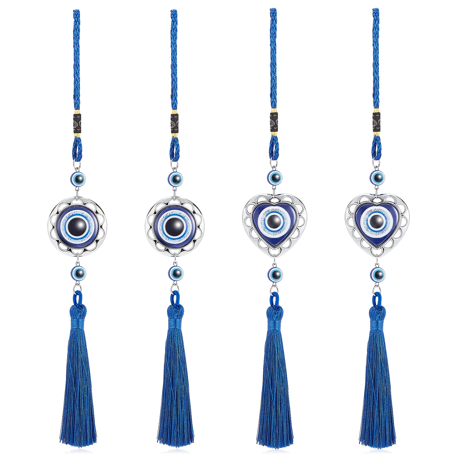 WEBEEDY 4 Pcs Lucky Eye Hanging Ornament, Hanging Turkish Blue Evil Eye Beads, Evil Eye Ornament Protection Charm, Tassel Hanging Accessories for Rear View Mirror