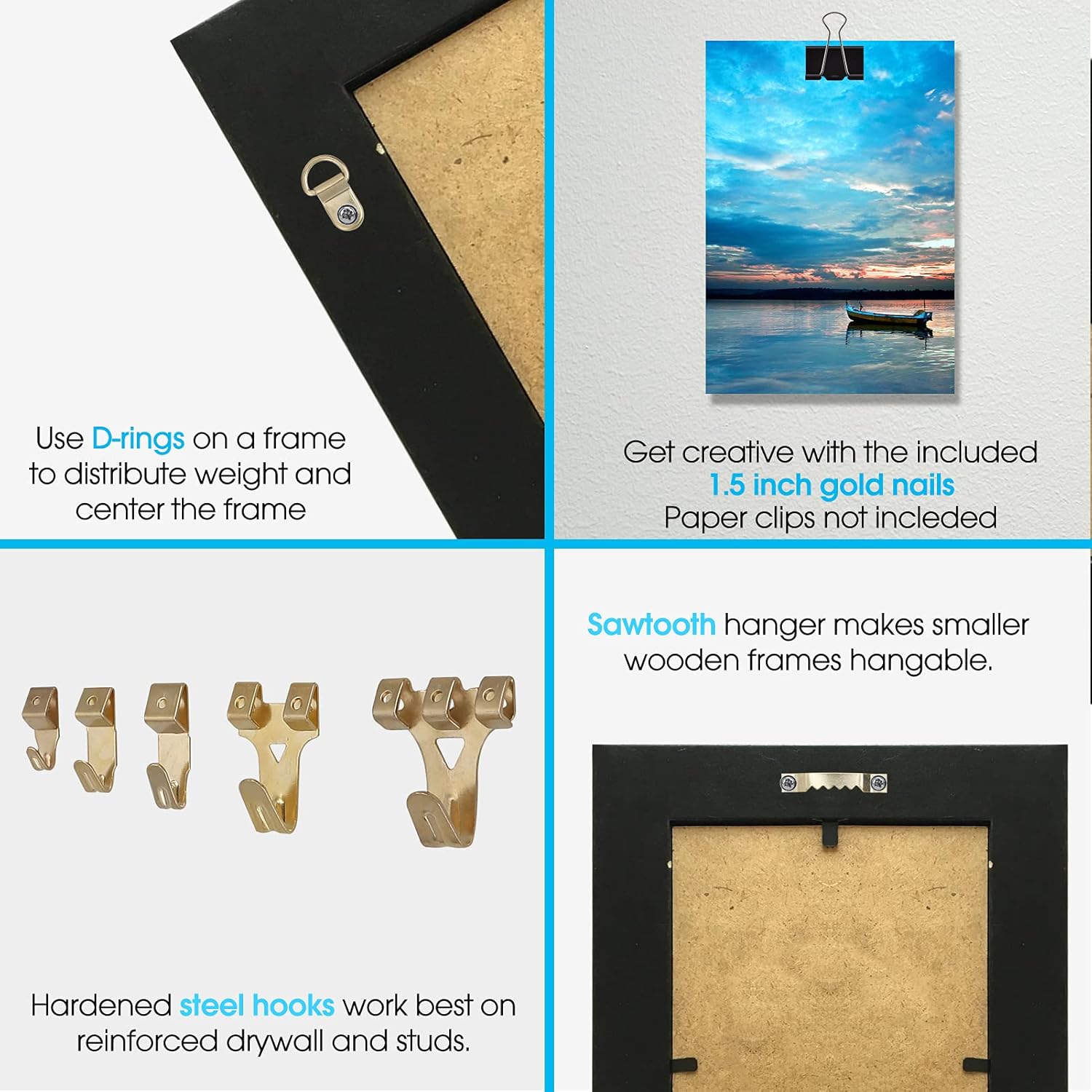 226 PCS Picture Hanging Kit，Picture Hangers Heavy Duty Frame Hooks Hardware with Nails, Hanging Wire, Screw Eyes, D Ring and Sawtooth for Wall Mounting - - 