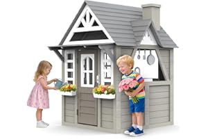 YOFE Kids Playhouse Outdoor,Wooden Play House Playset for Kids, Large, Sturdy, Realistic Design with Kitchen, Doorbell, Flower Pot, Stove, Sink & Clock, Perfect for Kid Ages 3-8 (Gray)