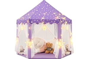 KIXINWA Purple Princess Tent for Girls, Kids Play Tent with LED Large Star Lights, Castle Playhouse Tent for Children Toddlers Indoor Outdoor Games, 55×53 Inches