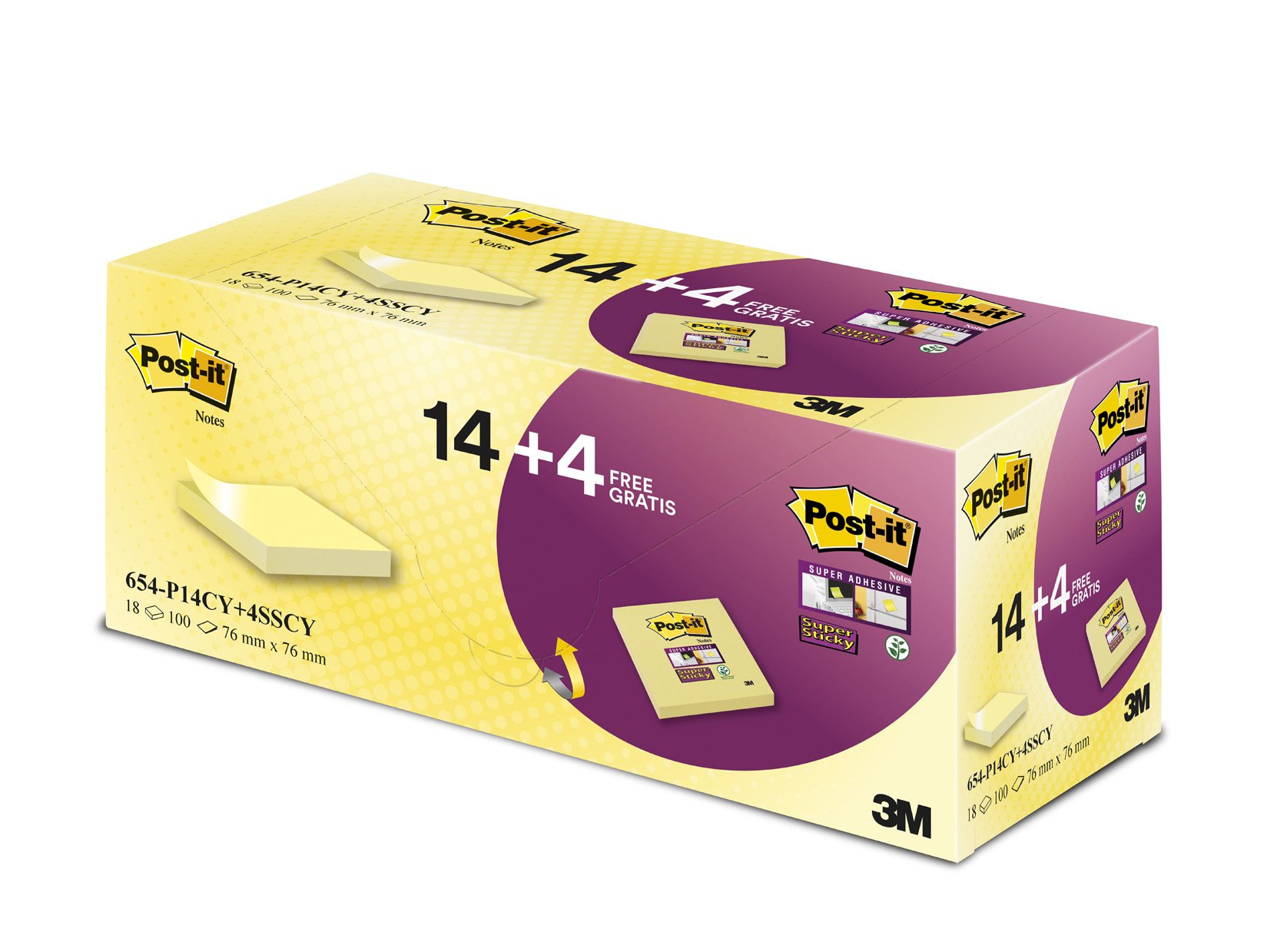 Post-it Notes, Canary Yellow, 14 Pads + 4 FREE Post-it Super Sticky Notes Pads, 76 mm x 76 mm