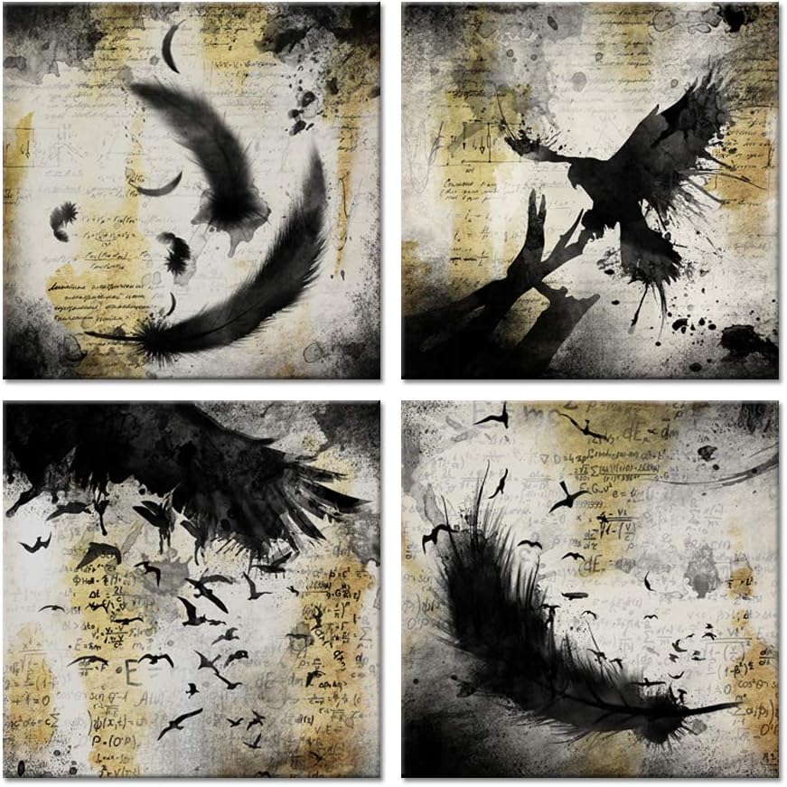 ZingArts 4 Pieces Set Abstract Black and Gold Canvas Wall Art Feather and Eagle Bird Outline Zen Artwork Picture Print For Bathroom Modern Home Decor Stretched and Framed Ready to Hang