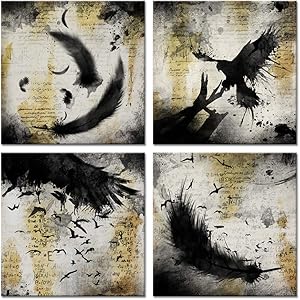 ZingArts 4 Pieces Set Abstract Black and Gold Canvas Wall Art Feather and Eagle Bird Outline Zen Artwork Picture Print For Bathroom Modern Home Decor Stretched and Framed Ready to Hang
