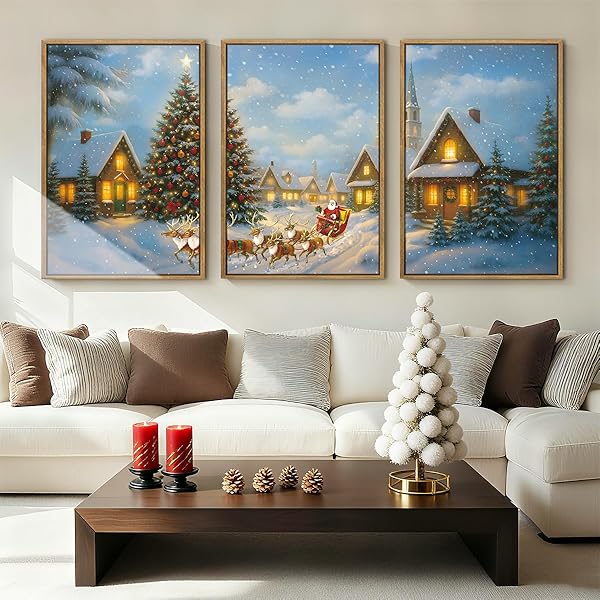 BINCUE CHRISTMAS WALL ART FRAMED SANTA CLAUS WALL ART DECOR SANTA WINTER WALL PAINTING FOR LIVING ROOM BEDROOM DINING ROOM 16X24 INCHES SET OF 3
