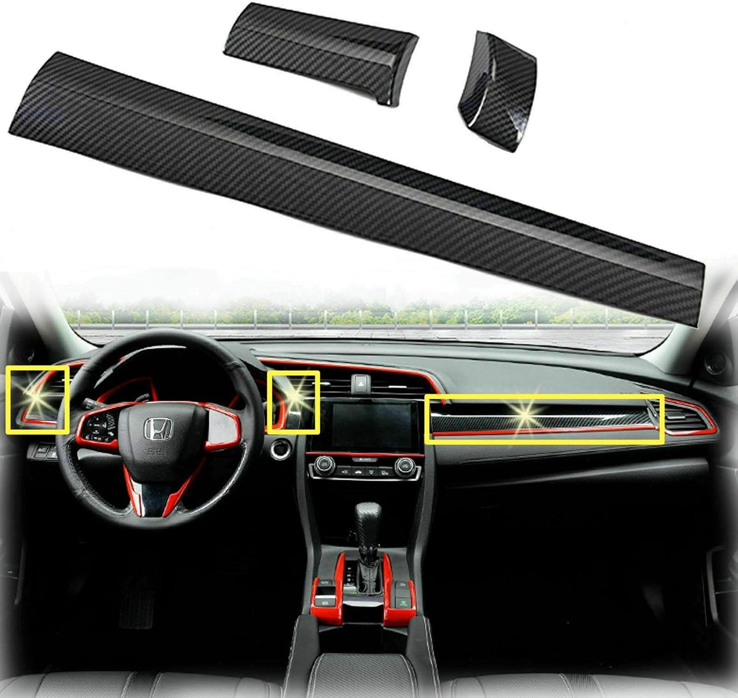 Xotic Tech Carbon Fiber Pattern Interior Center Console Dashboard Cover Trim Molding Sticker Decoration for Honda Civic 10th 2016 2017 2018 2019 2020 (Pack of 3)