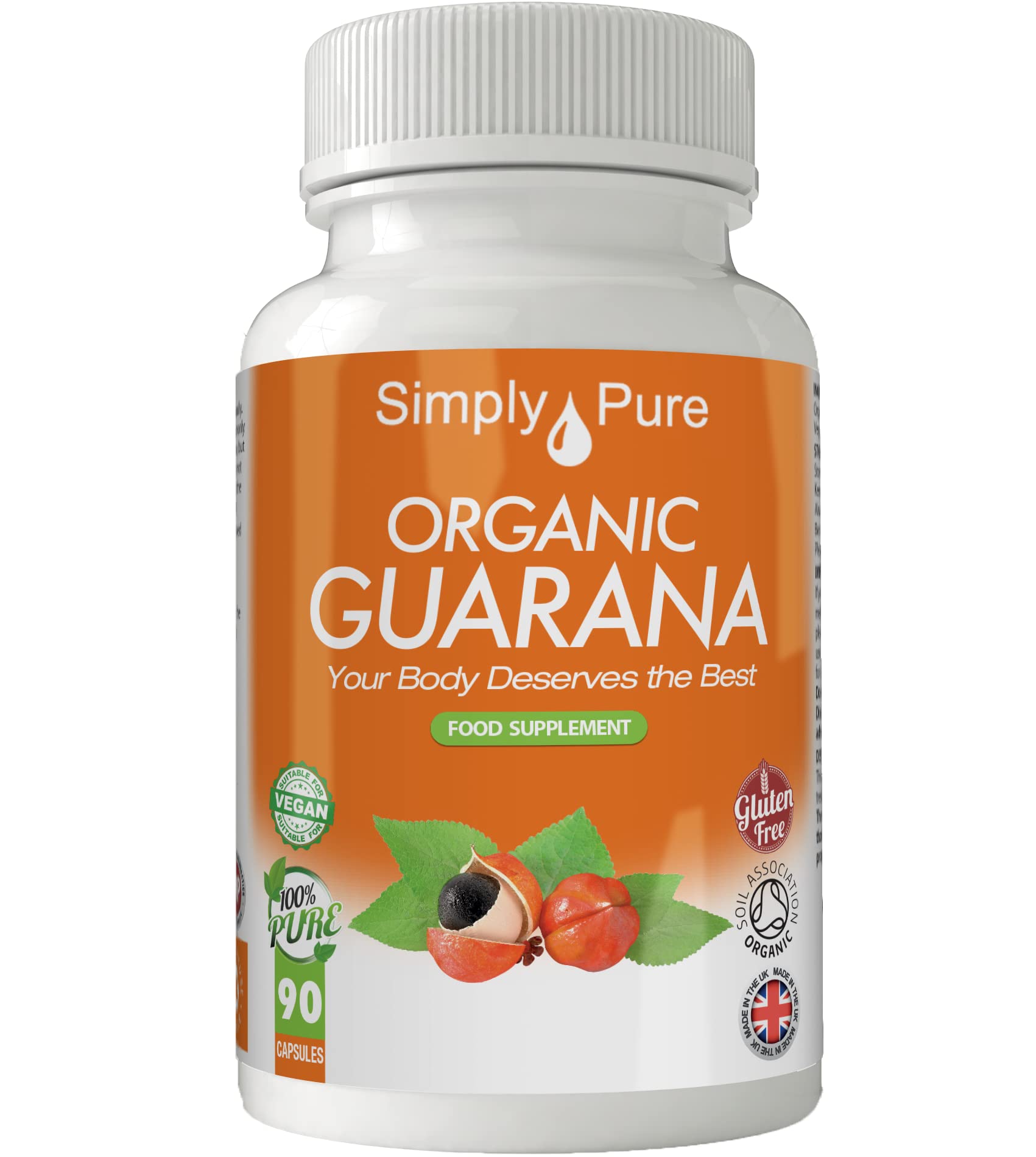 Simply Pure Organic Guarana for Alertness, Focus & Mental Energy Boost | 500mg Capsules x 90 | 100% Pure Soil Association Certified | Gluten Free | GM Free | Vegan