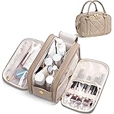 Bagstellar Travel Makeup Bag, Large Capacity Quilted Toiletry Bag for Women Stand-up Cosmetic Bag Open Flat Make Up Case Organizer Portable Pouch Purse w/Handle for Traveling Accessories, Camel