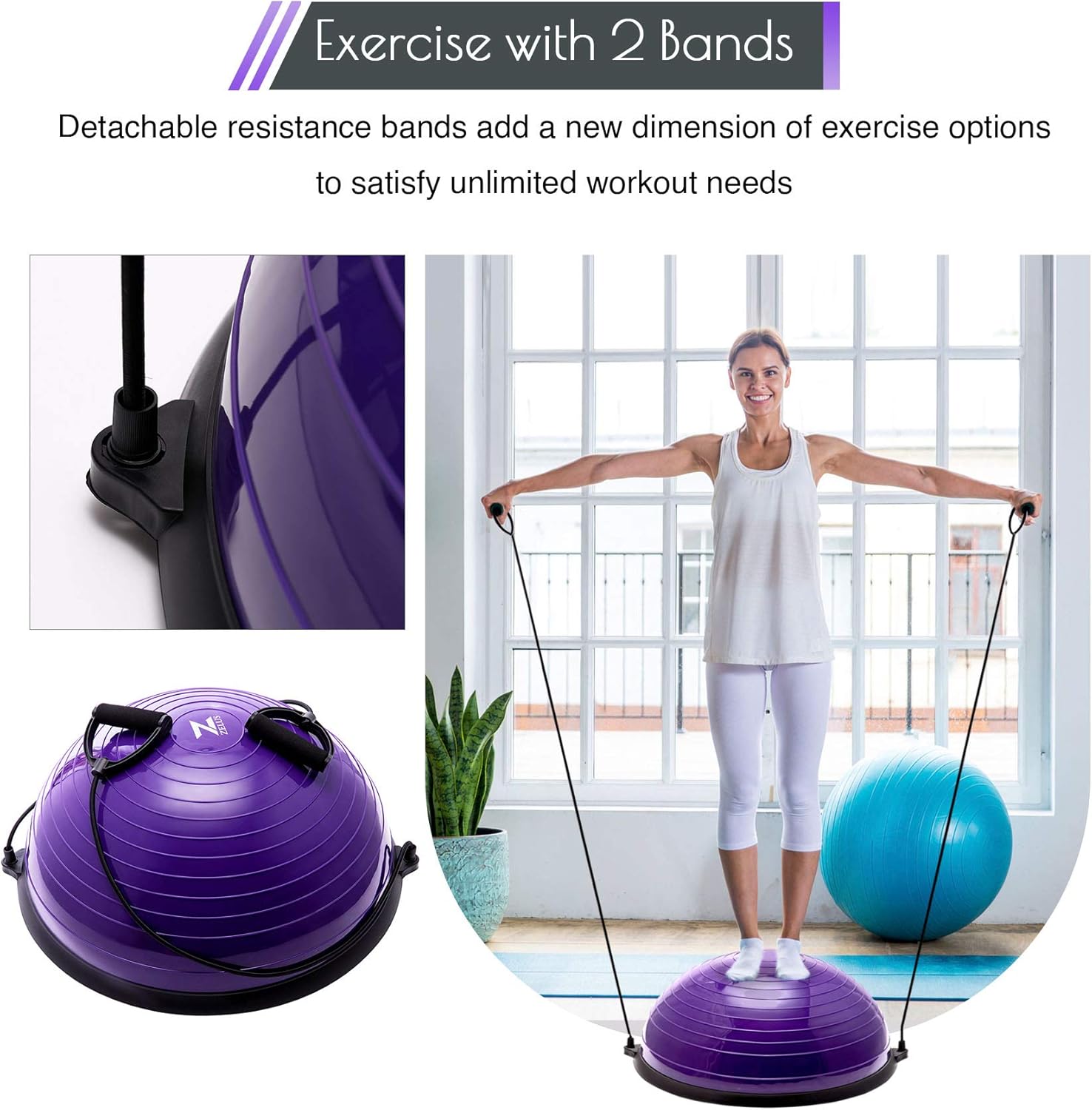 Z ZELUS Balance Ball Trainer Half Yoga Exercise Ball with Resistance Bands and Foot Pump for Yoga Fitness Home Gym Workout (Purple) : Sports & Outdoors