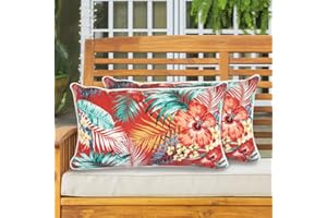 IN4 Care Lumbar Pillow with Insert, Set of 2, Outdoor Indoor Waterproof Decorative Patio Lumbar Pillow 12x20 Inch, Rectangular Cushion for Couch Sofa Garden Farmhouse Decoration-Chili Red Floral